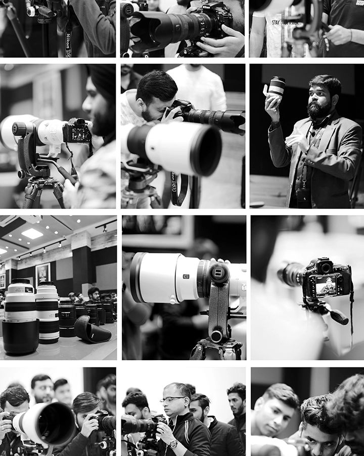 Black-and-white collage of DCOP students learning to use digital cameras and lenses