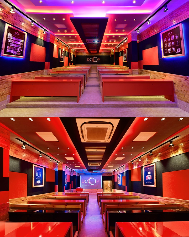 Two views of the DCOP auditorium with tiered seating, projection screen and colour lighting