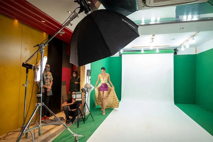 Professional lighting and a seamless backdrop set up for a fashion shoot inside the DCOP photography studio